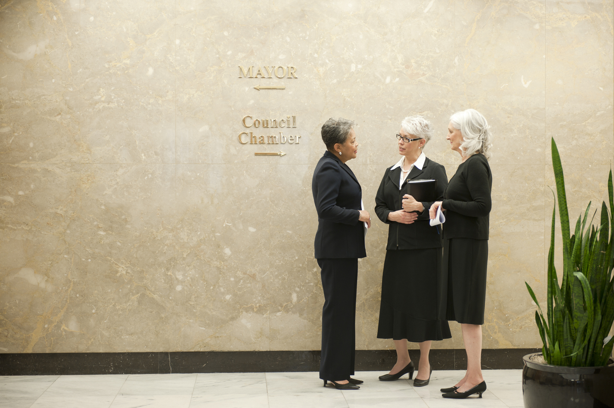 Women standing in a government building