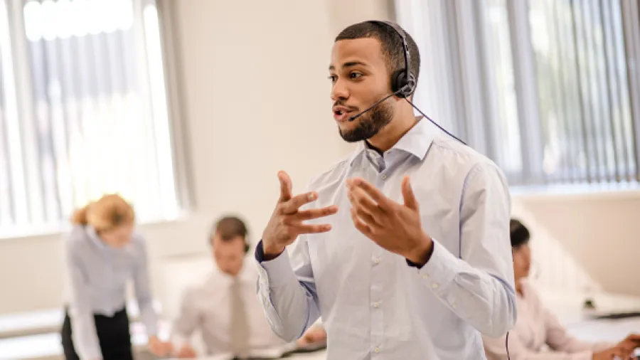 Man talking call on headset