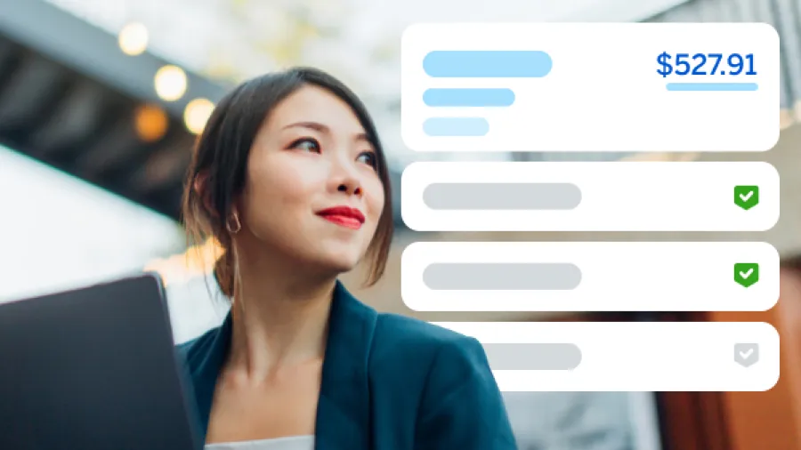 Woman with text bubbles next to her