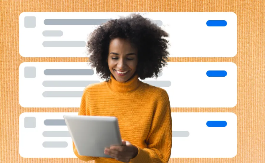 Woman in front of text bubbles