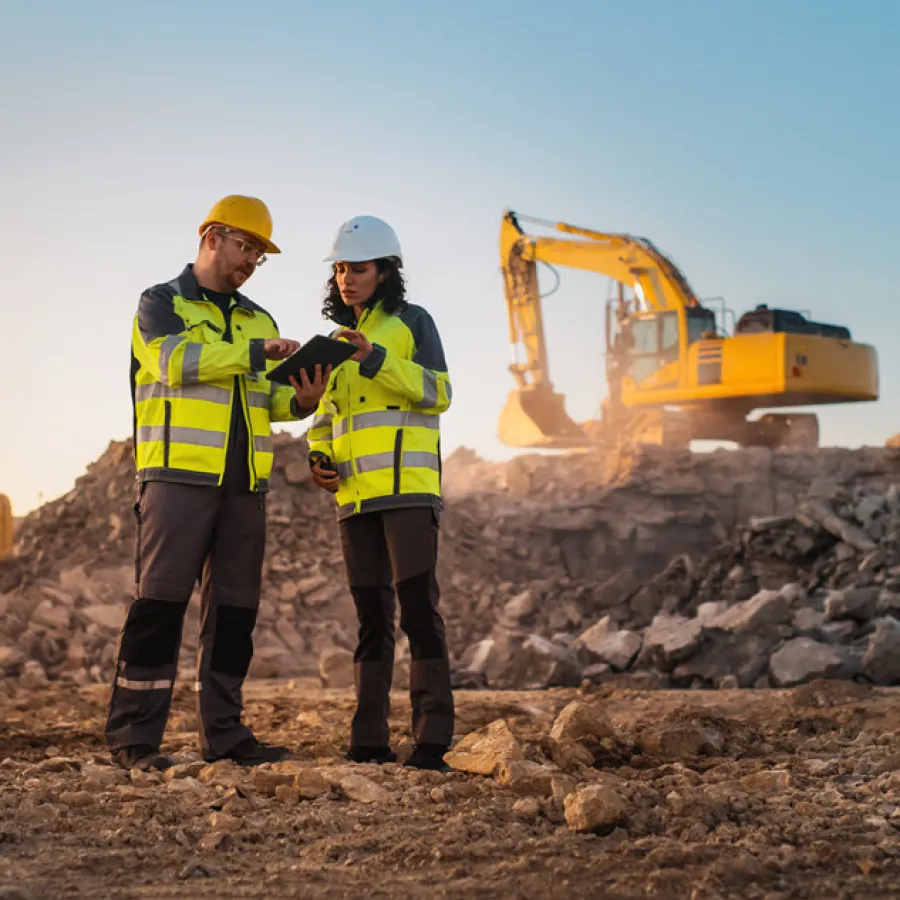 Man and woman looking at tablet at construction site